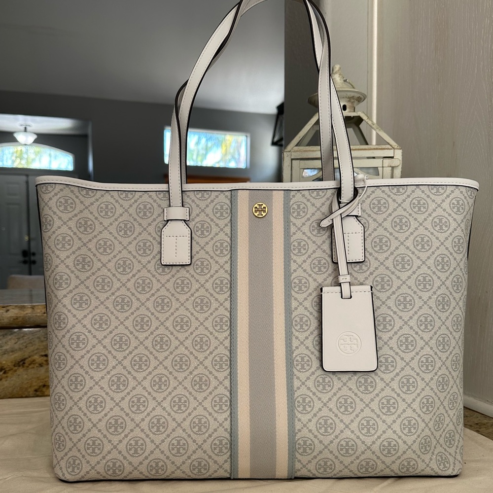 New💝 tory burch geo logo tote gray gro with stripe - Picture 4 of 13